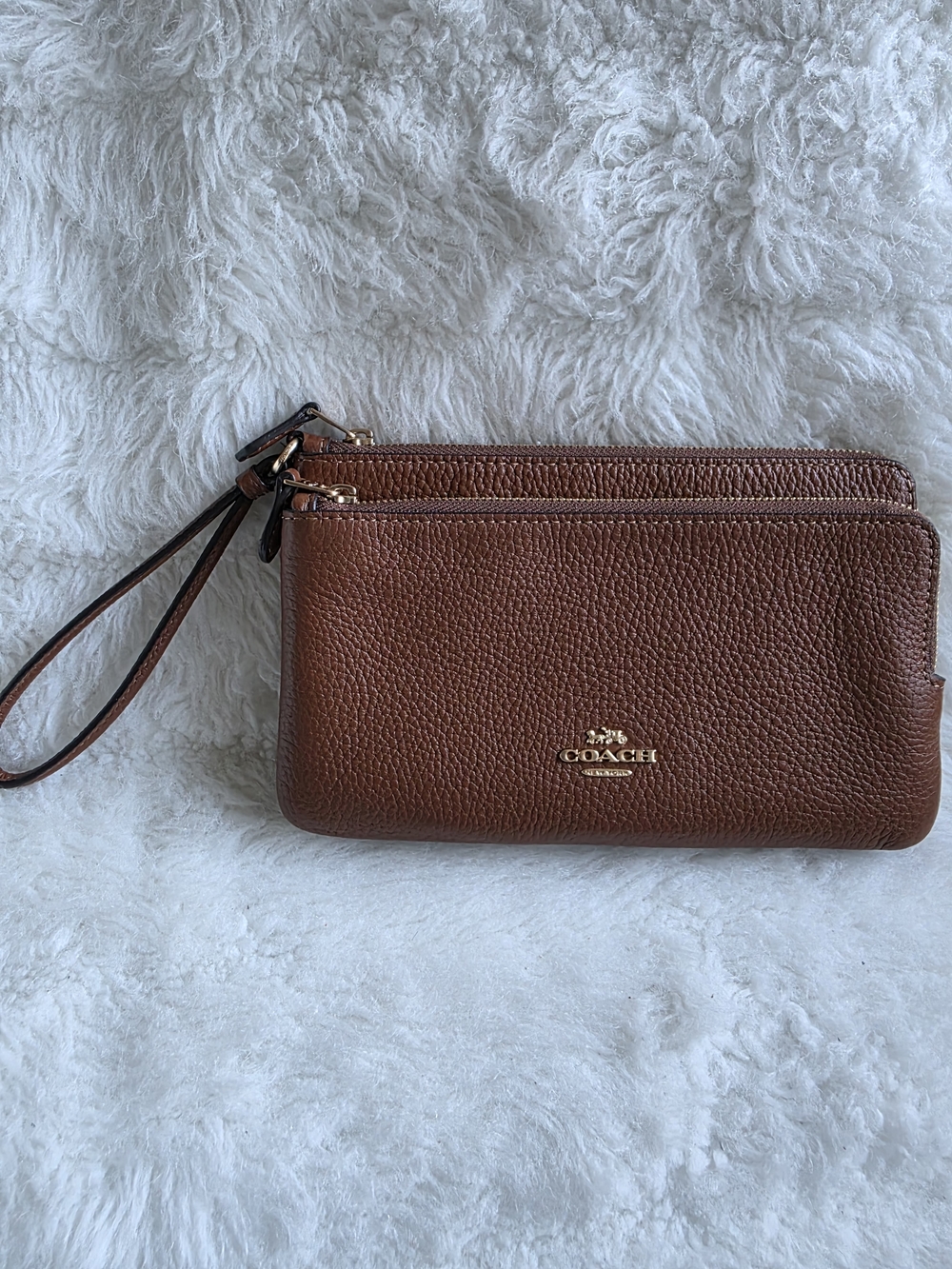 Coach Brown Leather Double Zip Wristlet Wallet.